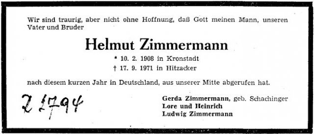 Zimmermann Helmut 1908-1971 Todesanzeige